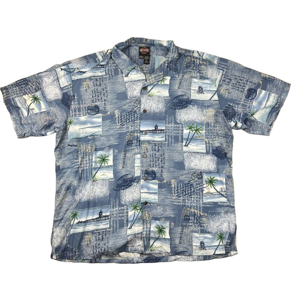 Harley-Davidson Hawaiian Postcard Print Button-Up Shirt Men's 2XL Viscose VTG